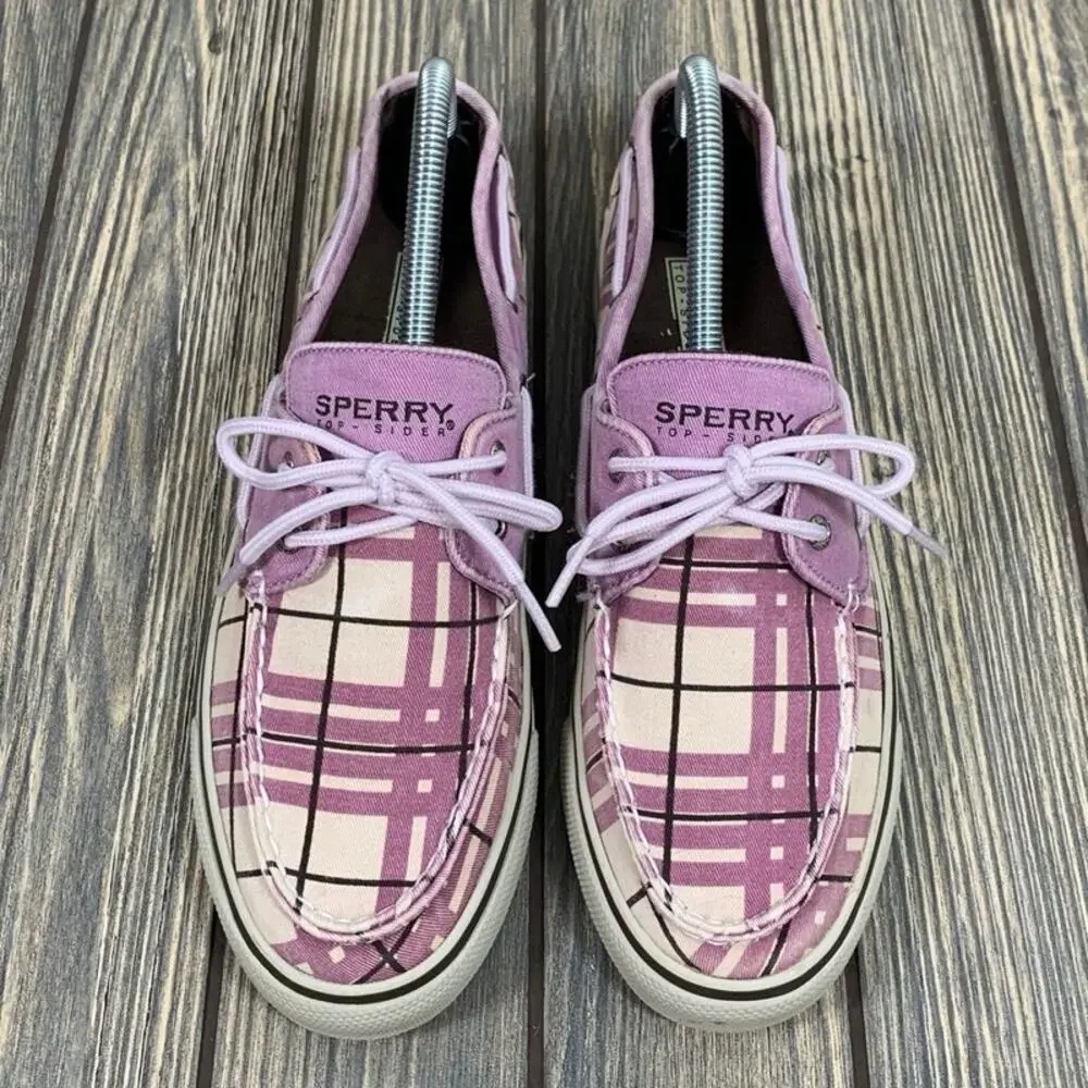 Sperry Top-Sider D10-CH171 Boat Shoes Purple Plaid Fabric Canvas Lace Up‎ Wm 9
